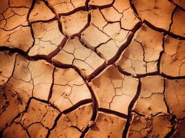 Dry cracked land in a desert, in the style of terracotta, environmental awareness. Generative AI photo