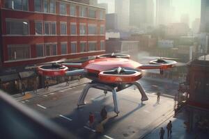 A photo of a drone delivering packages in a smart city.