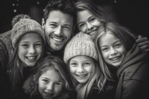 A close - up photo of a beaming American family huddled together, their faces filled with joy and laughter.