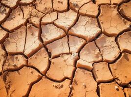 Dry cracked land in a desert, in the style of terracotta, environmental awareness. Generative AI photo