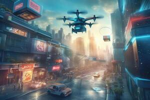 A photo of a drone delivering packages in a smart city. Generative AI