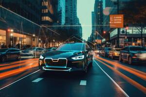 A photo of a self - driving car navigating through a cityscape, showcasing the advancements in autonomous vehicle technology.