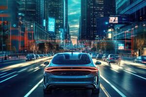 A photo of a self - driving car navigating through a cityscape, showcasing the advancements in autonomous vehicle technology.