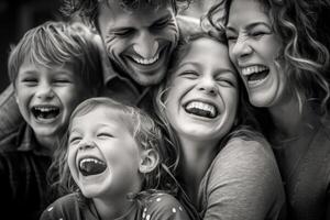 A close - up photo of a beaming American family huddled together, their faces filled with joy and laughter.
