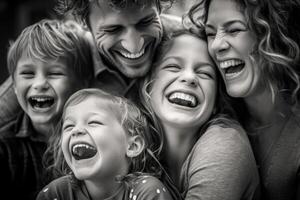 un cerca - arriba foto de un radiante americano familia acurrucado juntos, su caras lleno con alegría y risa. generativo ai