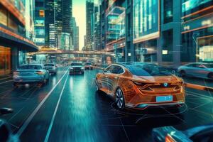 A photo of a self - driving car navigating through a cityscape, showcasing the advancements in autonomous vehicle technology.