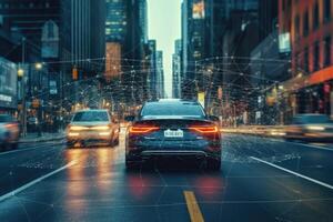 A photo of a self - driving car navigating through a cityscape, showcasing the advancements in autonomous vehicle technology.