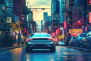 A photo of a self - driving car navigating through a cityscape, showcasing the advancements in autonomous vehicle technology.