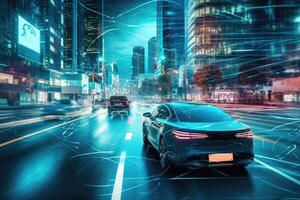 A photo of a self - driving car navigating through a cityscape, showcasing the advancements in autonomous vehicle technology.