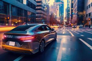 A photo of a self - driving car navigating through a cityscape, showcasing the advancements in autonomous vehicle technology. Generative AI