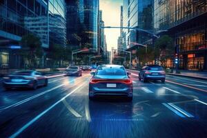 un foto de un yo - conducción coche navegando mediante un paisaje urbano, exhibiendo el avances en autónomo vehículo tecnología. generativo ai