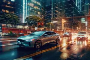 A photo of a self - driving car navigating through a cityscape, showcasing the advancements in autonomous vehicle technology.