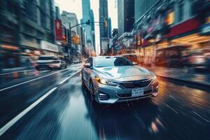 A photo of a self - driving car navigating through a cityscape, showcasing the advancements in autonomous vehicle technology.