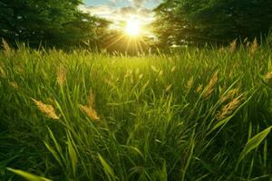 A grassy field with sun rays behind it. Generative AI photo