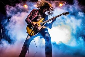 Guitarist shredding an electrifying solo, surrounded by a cloud of smoke and vibrant stage lights. Generative AI photo