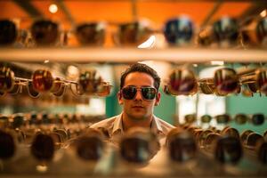 A person trying on sunglasses in a mirrored display. Generative AI photo