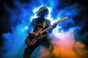 Guitarist shredding an electrifying solo, surrounded by a cloud of smoke and vibrant stage lights. photo