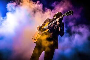 Guitarist shredding an electrifying solo, surrounded by a cloud of smoke and vibrant stage lights. photo
