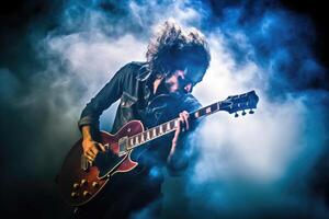 Guitarist shredding an electrifying solo, surrounded by a cloud of smoke and vibrant stage lights. photo