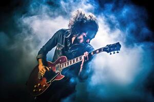 Guitarist shredding an electrifying solo, surrounded by a cloud of smoke and vibrant stage lights. Generative AI photo