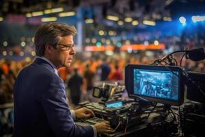 A news reporter covering a live event. photo