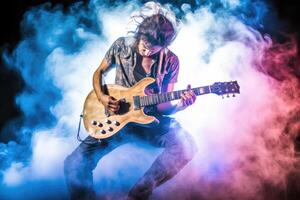 Guitarist shredding an electrifying solo, surrounded by a cloud of smoke and vibrant stage lights. Generative AI photo