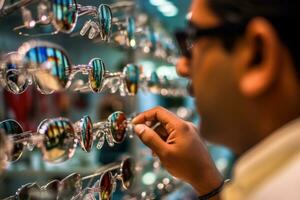 un persona molesto en Gafas de sol en un reflejado mostrar. generativo ai foto