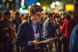 A news reporter covering a live event. photo