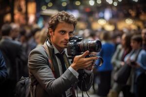 A news reporter covering a live event. photo
