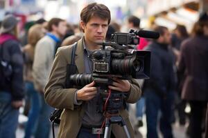 A news reporter covering a live event. photo