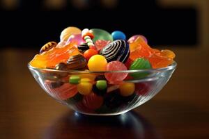 A close - up of a bowl filled with Halloween candies. photo
