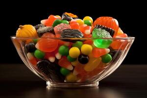 A close - up of a bowl filled with Halloween candies. Generative AI photo