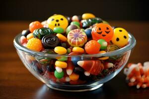 A close - up of a bowl filled with Halloween candies. Generative AI photo