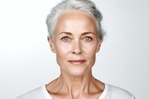 Beautiful mid aged mature woman looking at camera isolated on white. Mature old lady close-up portrait. Generative AI photo