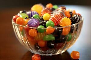 A close - up of a bowl filled with Halloween candies. Generative AI photo