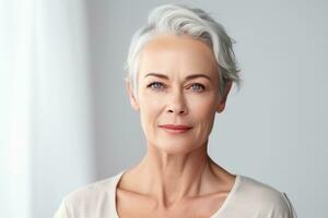 Beautiful mid aged mature woman looking at camera isolated on white. Mature old lady close-up portrait. Generative AI photo