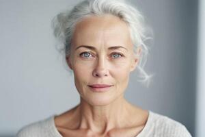 Beautiful mid aged mature woman looking at camera isolated on white. Mature old lady close-up portrait. Generative AI photo