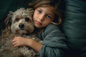 A photo of a child and their dog snuggled up together on a cozy couch.