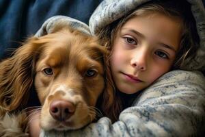 A photo of a child and their dog snuggled up together on a cozy couch. Generative AI