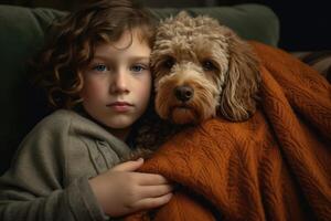 A photo of a child and their dog snuggled up together on a cozy couch.