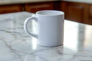 A clean and simple composition of a white coffee mug placed on a marble countertop. Generative AI photo