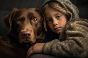 A photo of a child and their dog snuggled up together on a cozy couch.