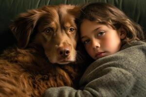 A photo of a child and their dog snuggled up together on a cozy couch.