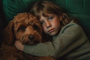 A photo of a child and their dog snuggled up together on a cozy couch.
