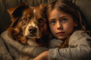 A photo of a child and their dog snuggled up together on a cozy couch.