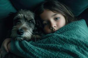 A photo of a child and their dog snuggled up together on a cozy couch.