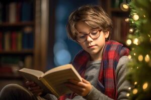 A close - up shot of a young student reading a book in a cozy library corner. Generative AI photo