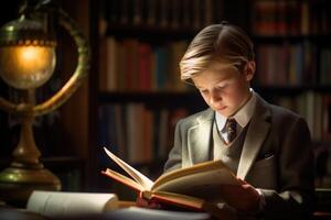 A close - up shot of a young student reading a book in a cozy library corner. photo