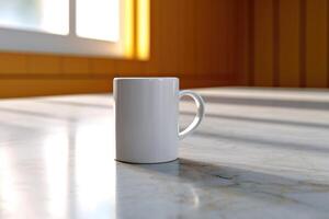 A clean and simple composition of a white coffee mug placed on a marble countertop. Generative AI photo