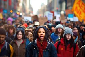 un poderoso Disparo de un protesta marzo para un social causa. generativo ai foto